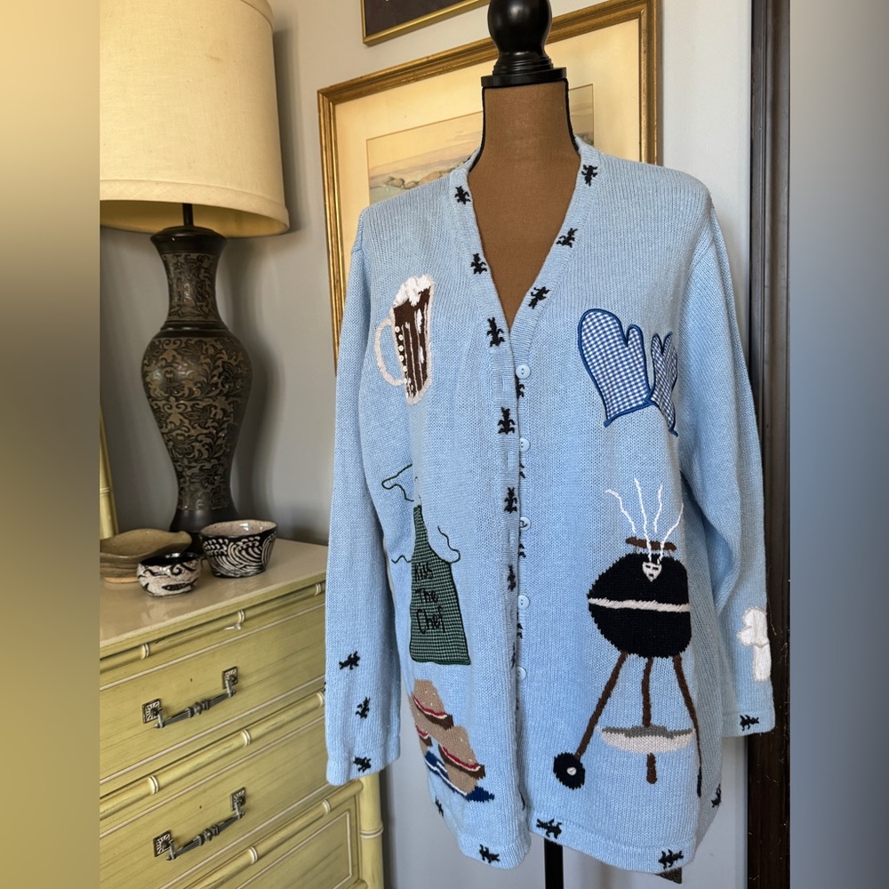 Quacker Factory Light Blue BBQ Grill & Kitchen Motif Cardigan - Yes, Chef!